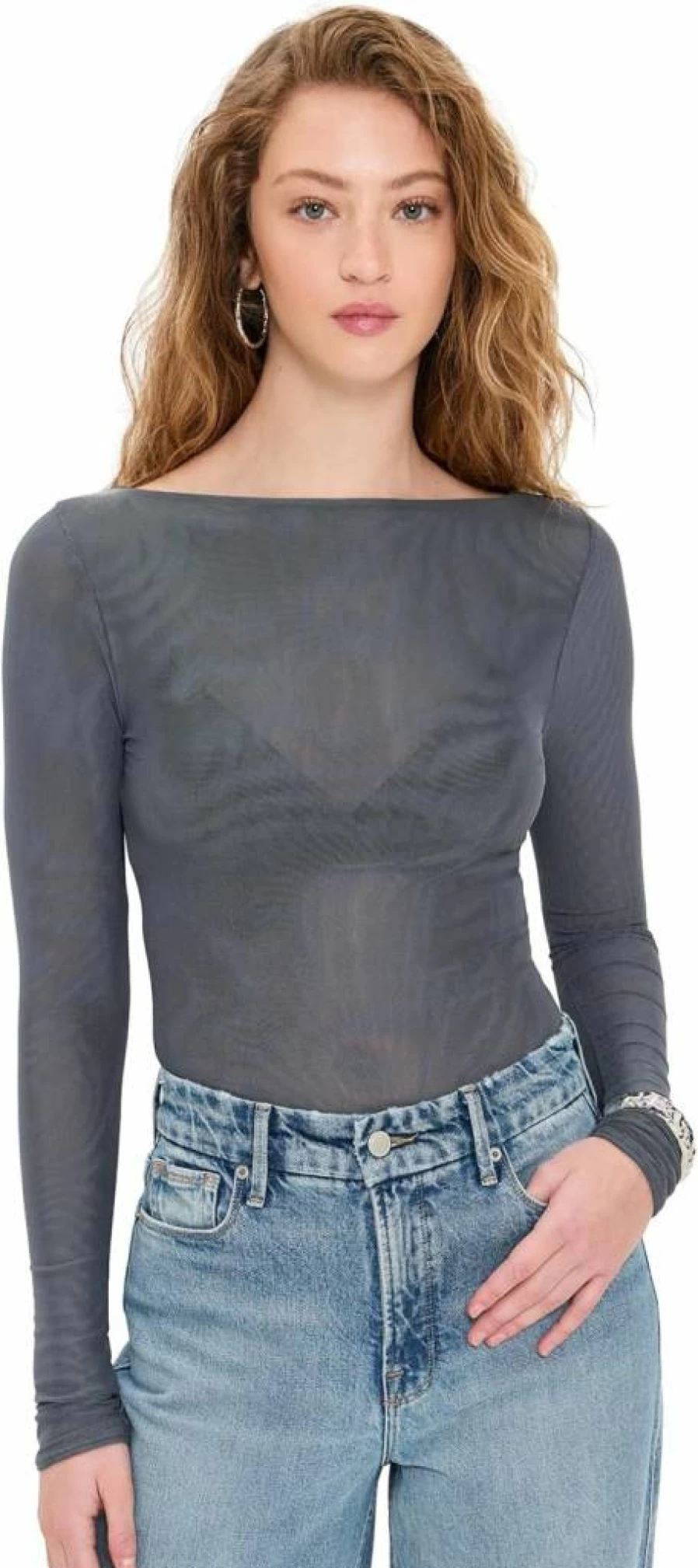 Good American Women's Mesh Thong Bodysuit - Sexy Boat Neck One-Piece for Women