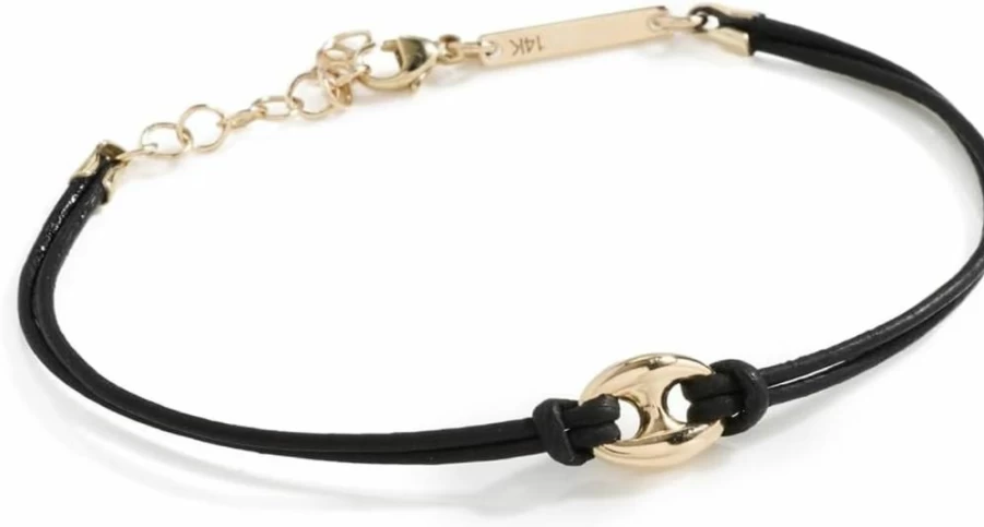 ZOE CHICCO 14K Gold Puffed Mariner Link Bracelet for Women - Black Leather Luxury Jewelry