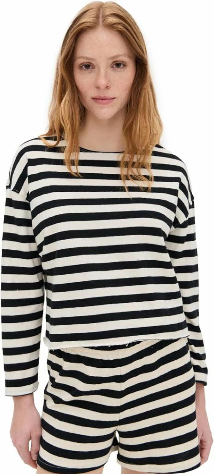 PerfectWhiteTee Women's Taylor Eco-Friendly Striped Long Sleeve Shirt - Sustainable Recycled Cotton Crewneck Top