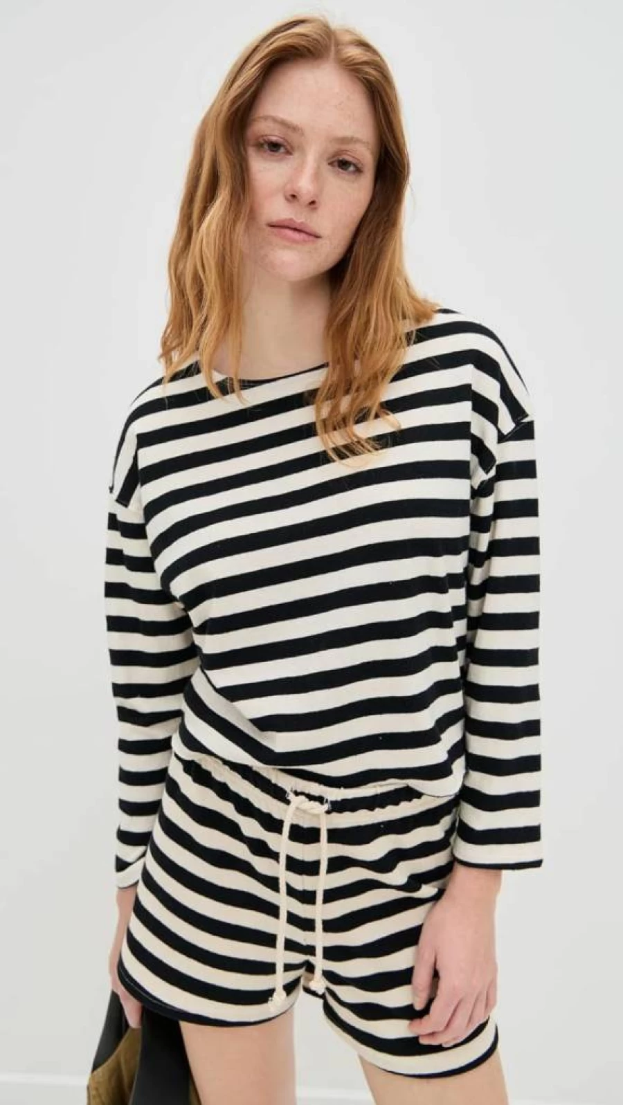 PerfectWhiteTee Women's Taylor Eco-Friendly Striped Long Sleeve Shirt - Sustainable Recycled Cotton Crewneck Top