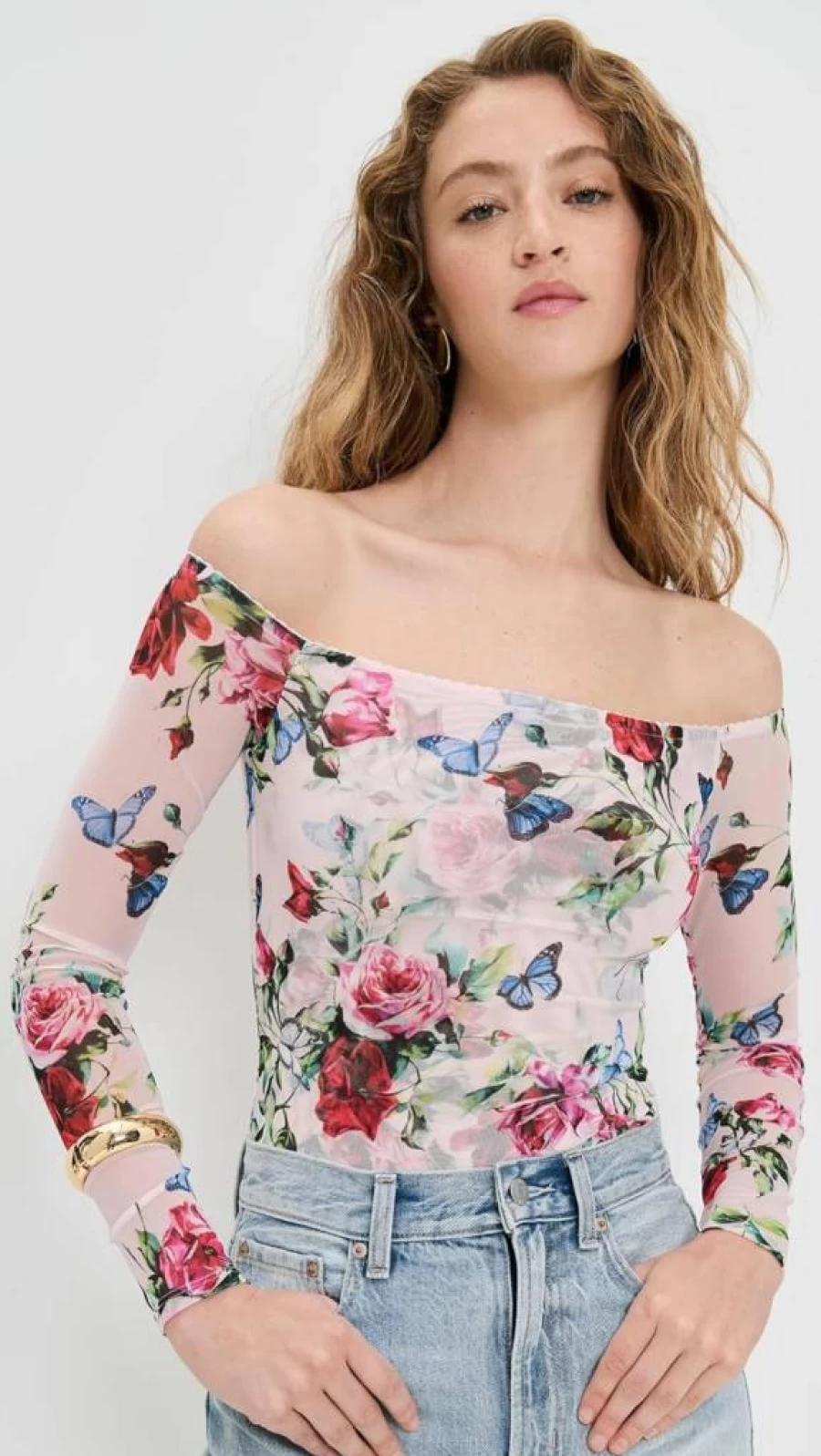 L'AGENCE Women's Peonie Off-Shoulder Bodysuit - Floral Lace Stretchable Comfort Fit Feminine Top